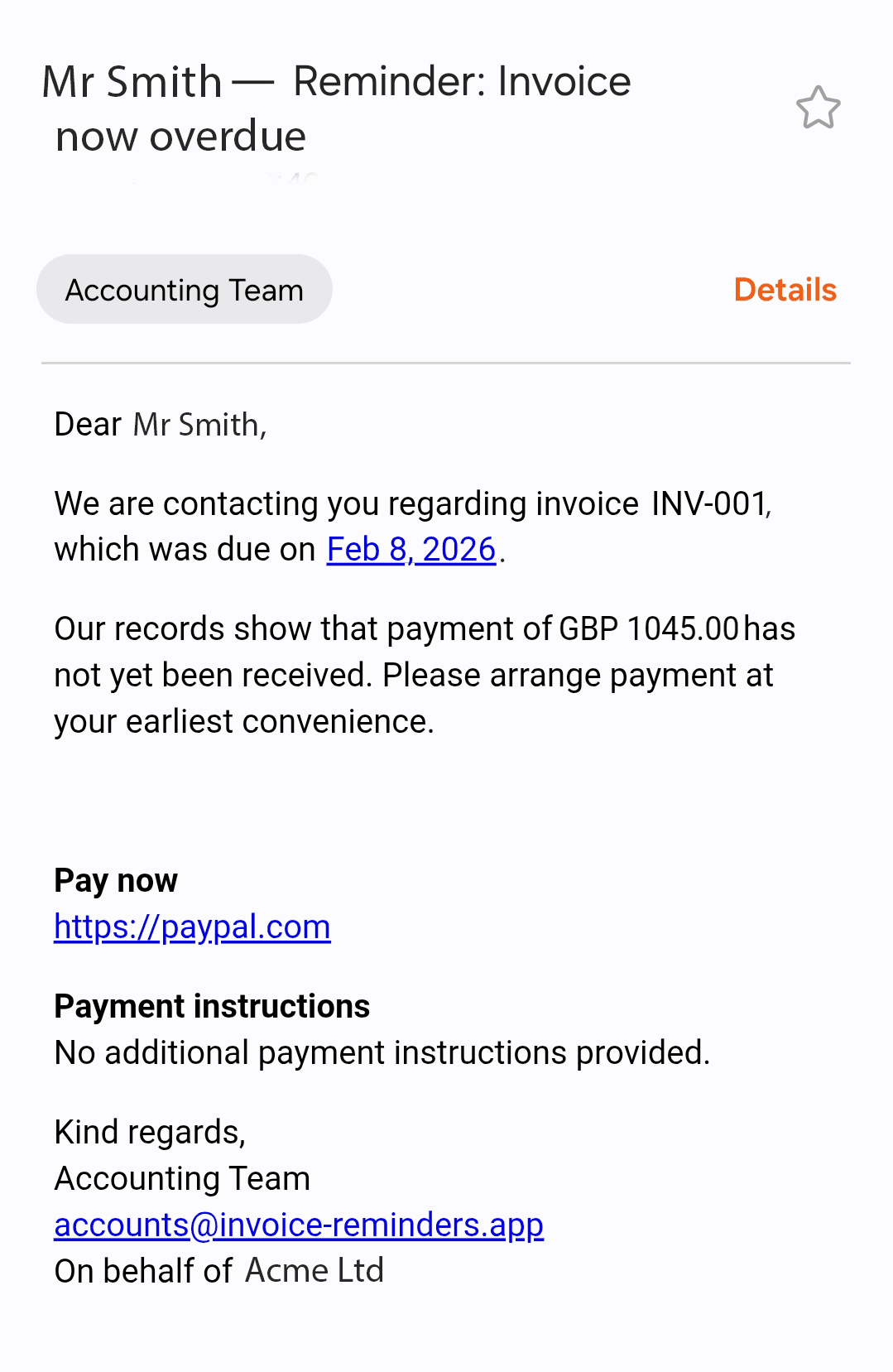 First overdue notice email example