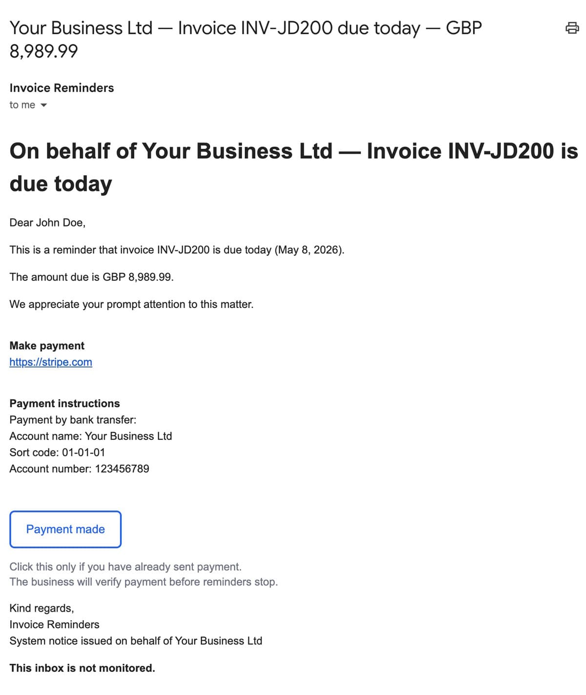 Due today reminder email sent on the invoice due date
