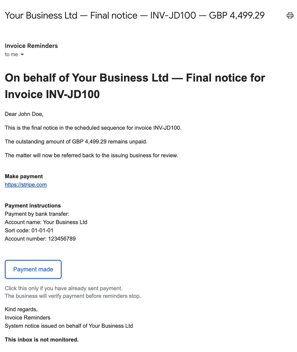 Final notice email closing the automated sequence