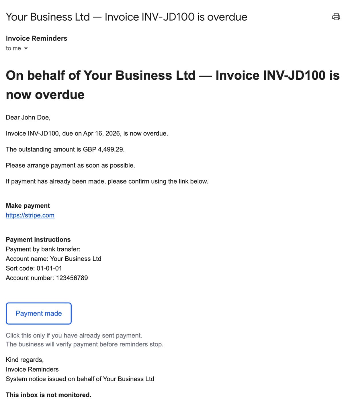 Overdue reminder email for invoices added already overdue